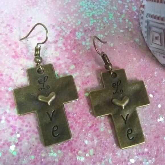 Metal Cross Love Earrings - Picture 3 of 4